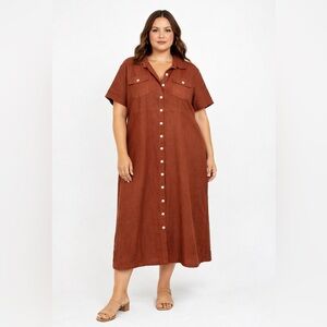 Vintage Linen Button Down Maxi Shirt Dress Brown Size 22W